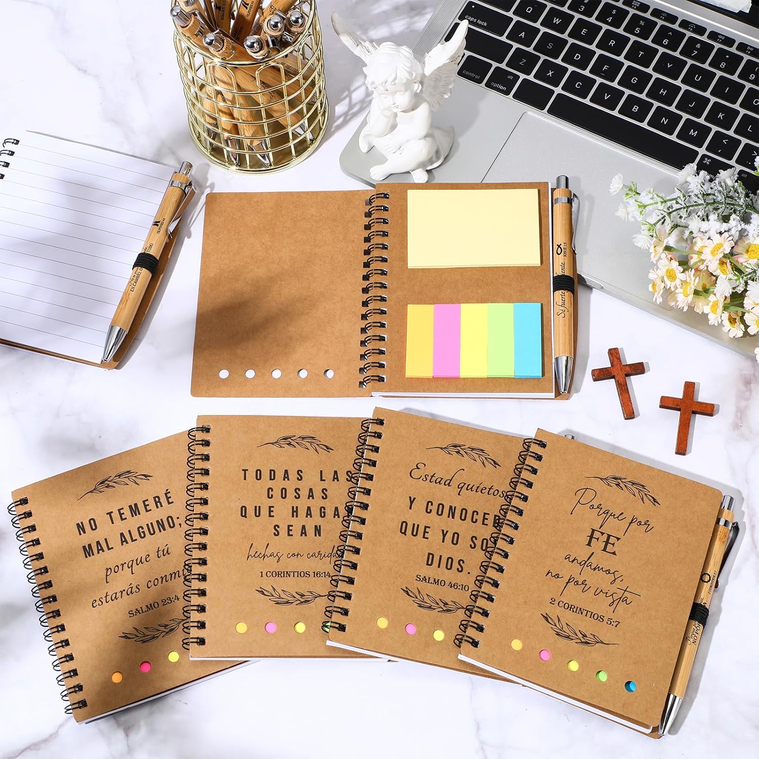 Kosiz 40 Pcs/20 Set Easter Christian Gifts Prayer Journal Notebook for Women Journal Spiral 5.3x4.1 in, Religious Bible Verse Pen Sticky Note for Church Priest Teacher Faith Based(Kraft,Spanish)