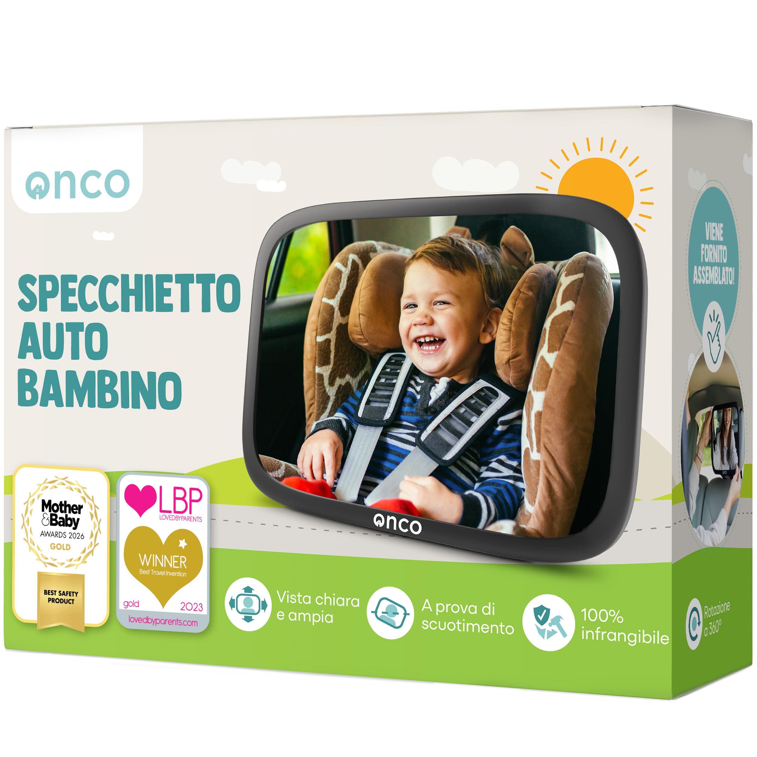 Onco Specchietto Retrovisore Bambini - 100% Infrangibile, Specchietto Retrovisore Auto, Universale, Rotazione a 360°