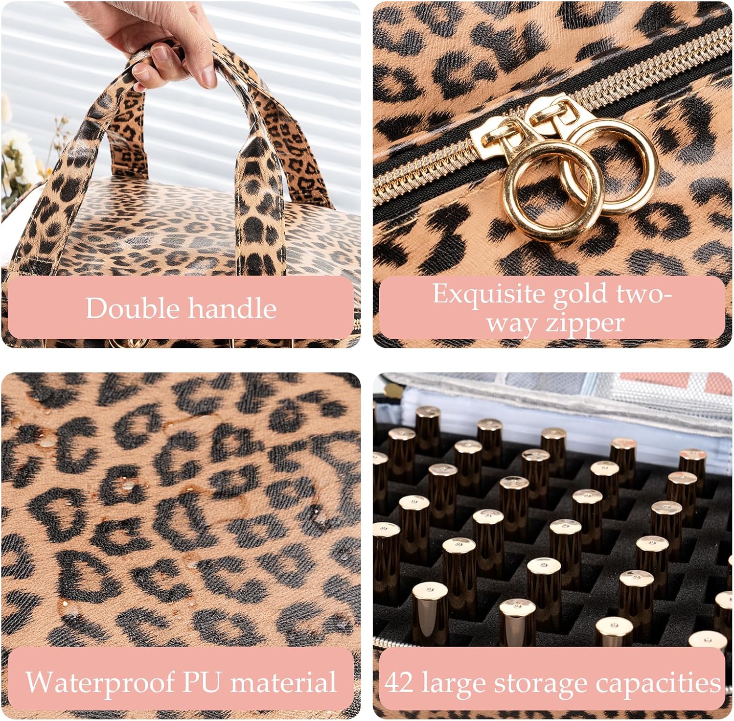  Nail Polish Organizer Bag Holds 42 Bottles Nail Polish & Nail Lamp, Gel Nail Polish Organizers and Storage box for Nail Tech, Nail Kit Supplies Organizer Case - Leopard thumbnail