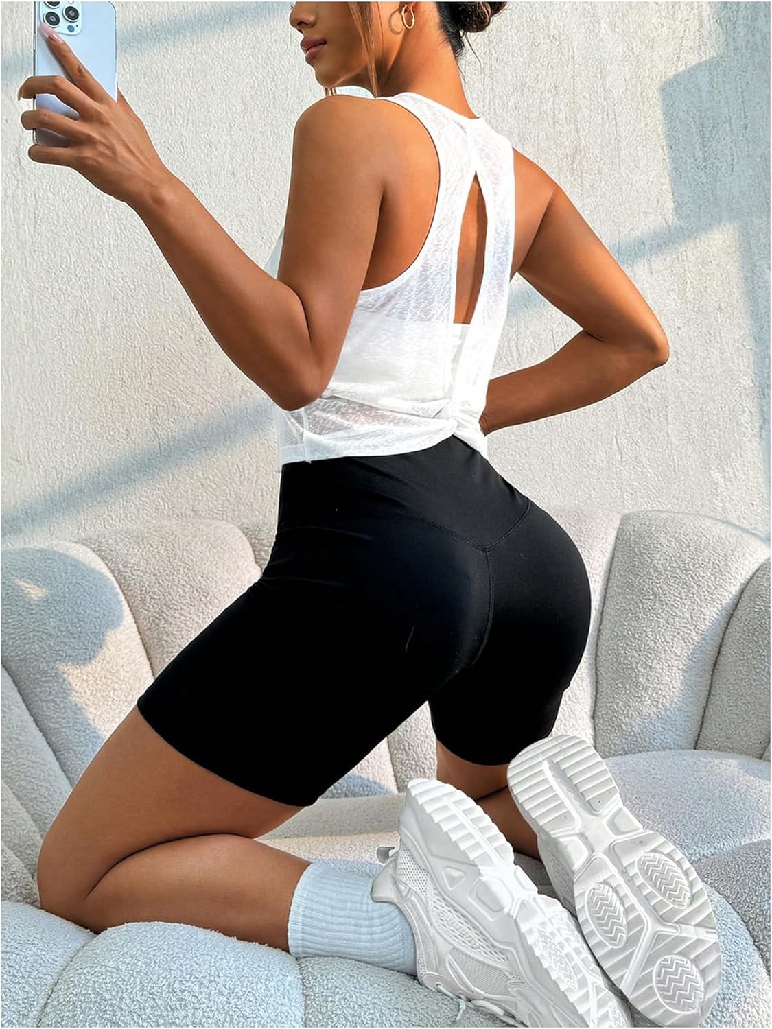 OYOANGLE Women's Sheer Open Back Sports Tank Top Sleeveless Twist Ruched Workout Tops Sleeveless Yoga Shirts - Image 5