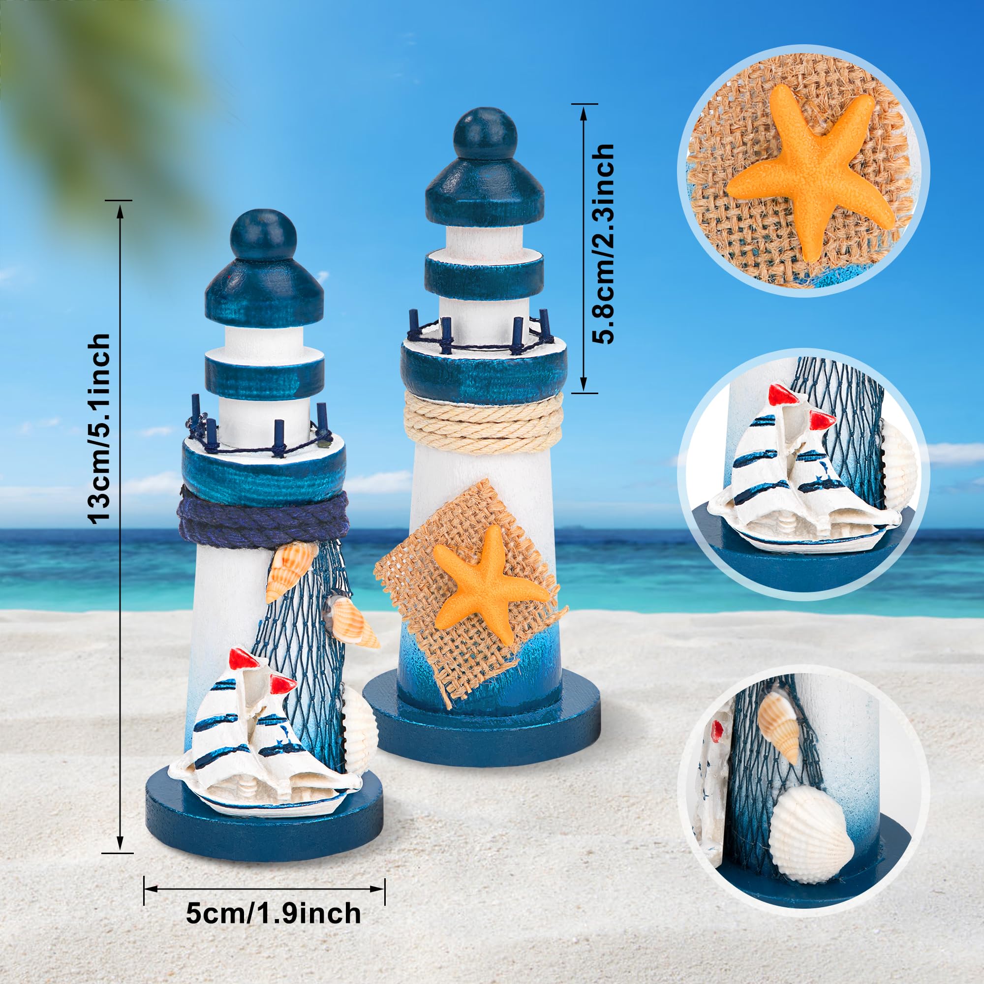 2 Mini Fari Decorativi In Legno - Stile Mediterraneo Per Camera, Soggiorno, Giardino O Ufficio - Foto 3