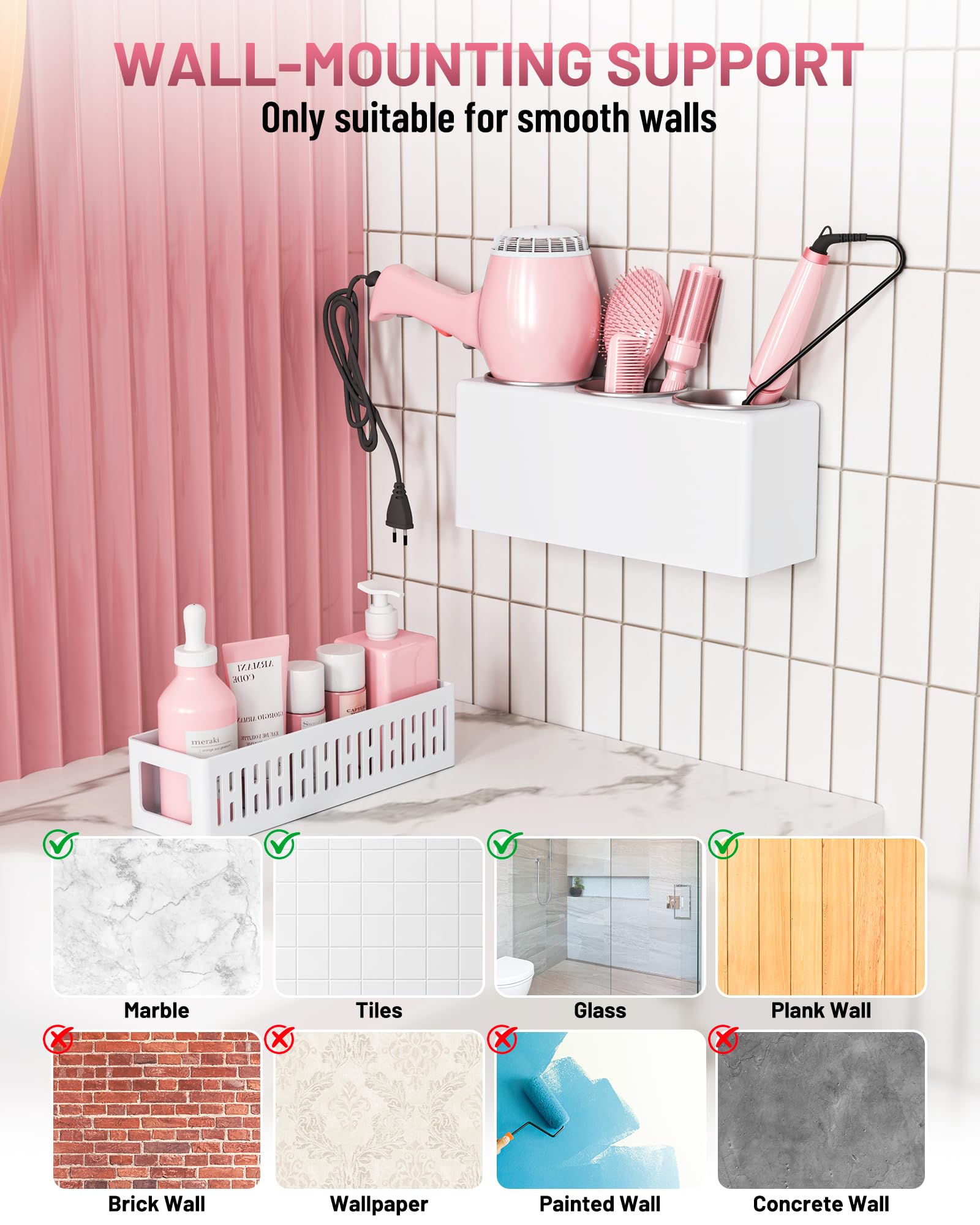 Hair Tool Organizer, Detachable Hair Dryer Holder with 3 Stainless Steel Cups, Wall Mounted Bathroom Organizers and Storage for Accessories, Curling Irons, Straighteners, Toiletries, Makeup - 5