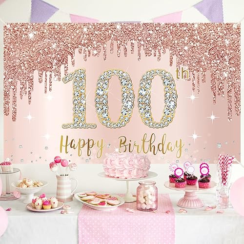 Miniatura 4 de Cartel de feliz cumpleaños número 100 para mujer, decoración de fondo de oro rosa para fiesta de cumpleaños número 100, póster rosa de cumpleaños