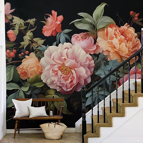 Miniatura 6 de Zeeko Murales de pared grandes florales para despegar y pegar, 148 pulgadas de ancho x 98 pulgadas de alto, papel tapiz vintage 3D de peonía oscura,