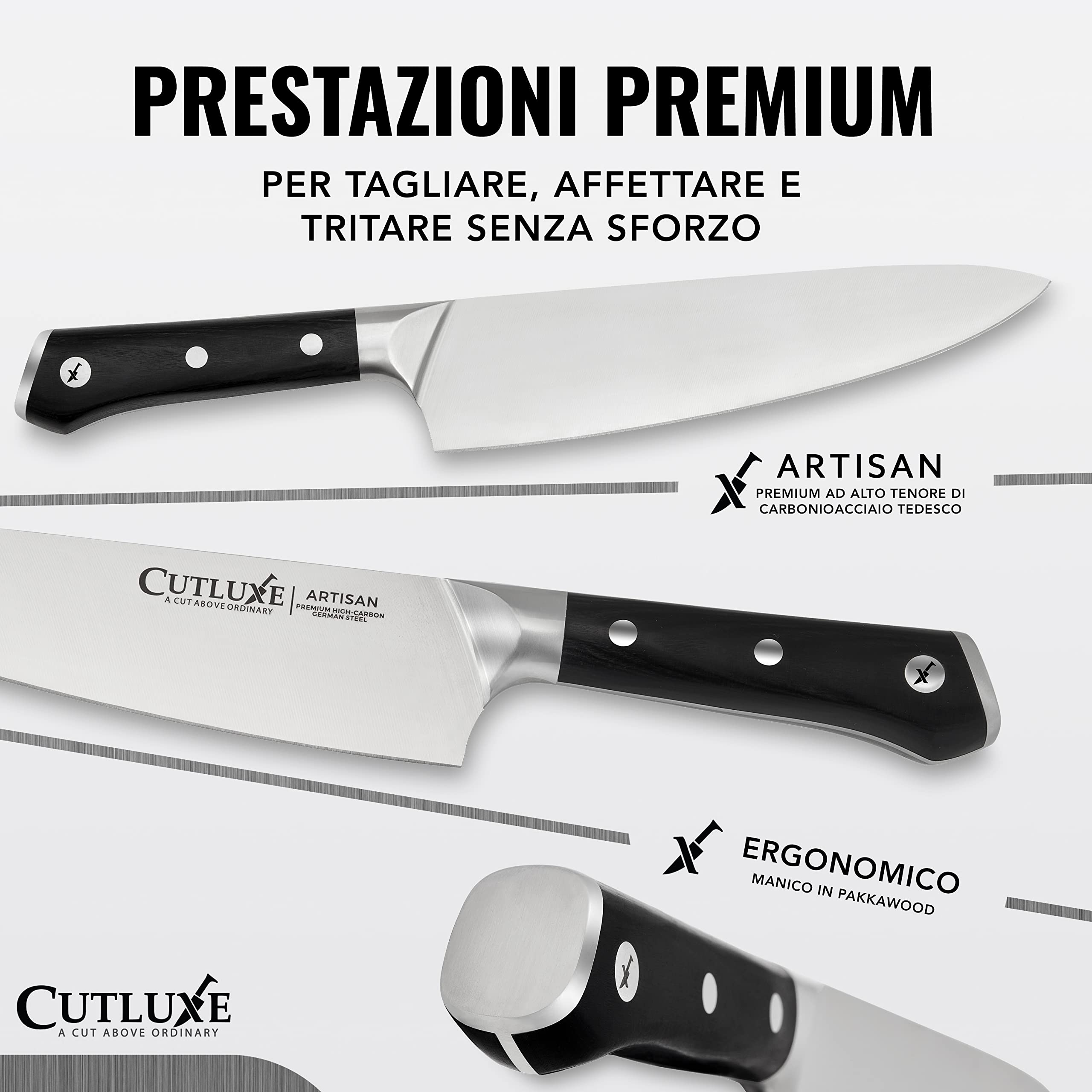 Cutluxe Set 5 Coltelli da Cucina – Acciaio Tedesco, Codolo Intero | Chef 20cm, santoku 18cm, utility 14cm e intaglio 23cm; filo affilato a mano; manico ergonomico