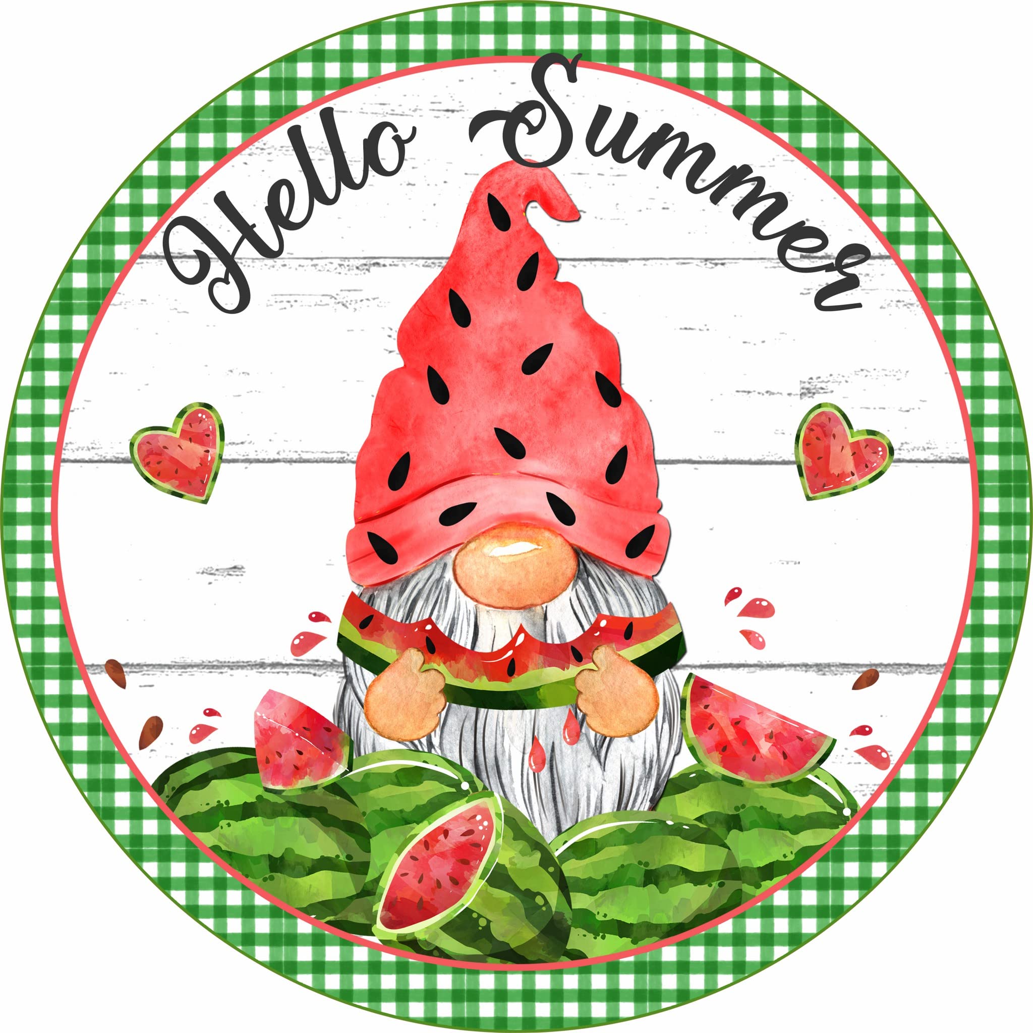 Retro Round Tin Sign 12 X 12 Inches Hello Summers Watermelon Gnome Wreath Attachment Funny Wall Decor Nostalgic Arts Decor Waterproof Plate Decoration Novelty Decorative Crafts Home Decor Gifts