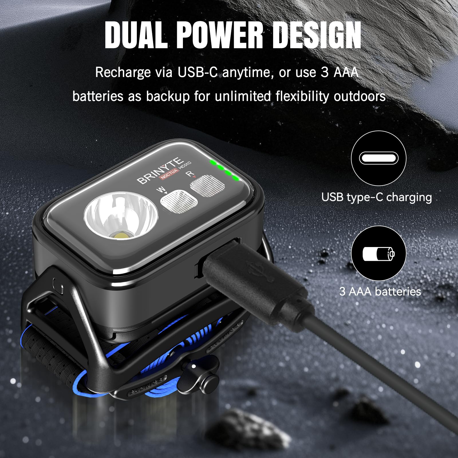 Brinyte HC01S - Linterna frontal recargable con sensor de movimiento LED de 1000 lúmenes, USB-C y AAA, doble potencia, luces blancas y rojas, luces de camping, luz de casco duro, linterna impermeable