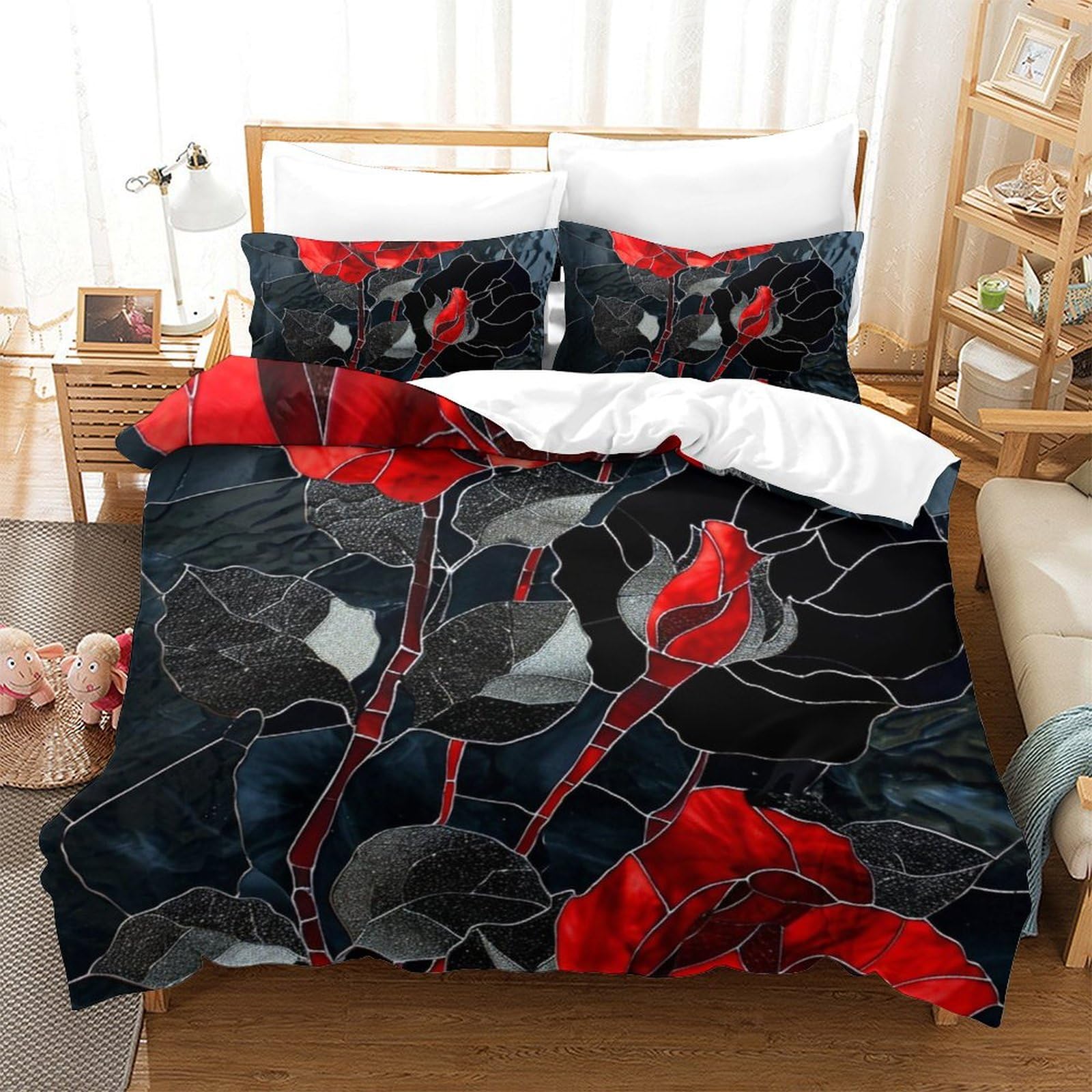 Housse de couette imprimé 3D roses colorées parure lit douce