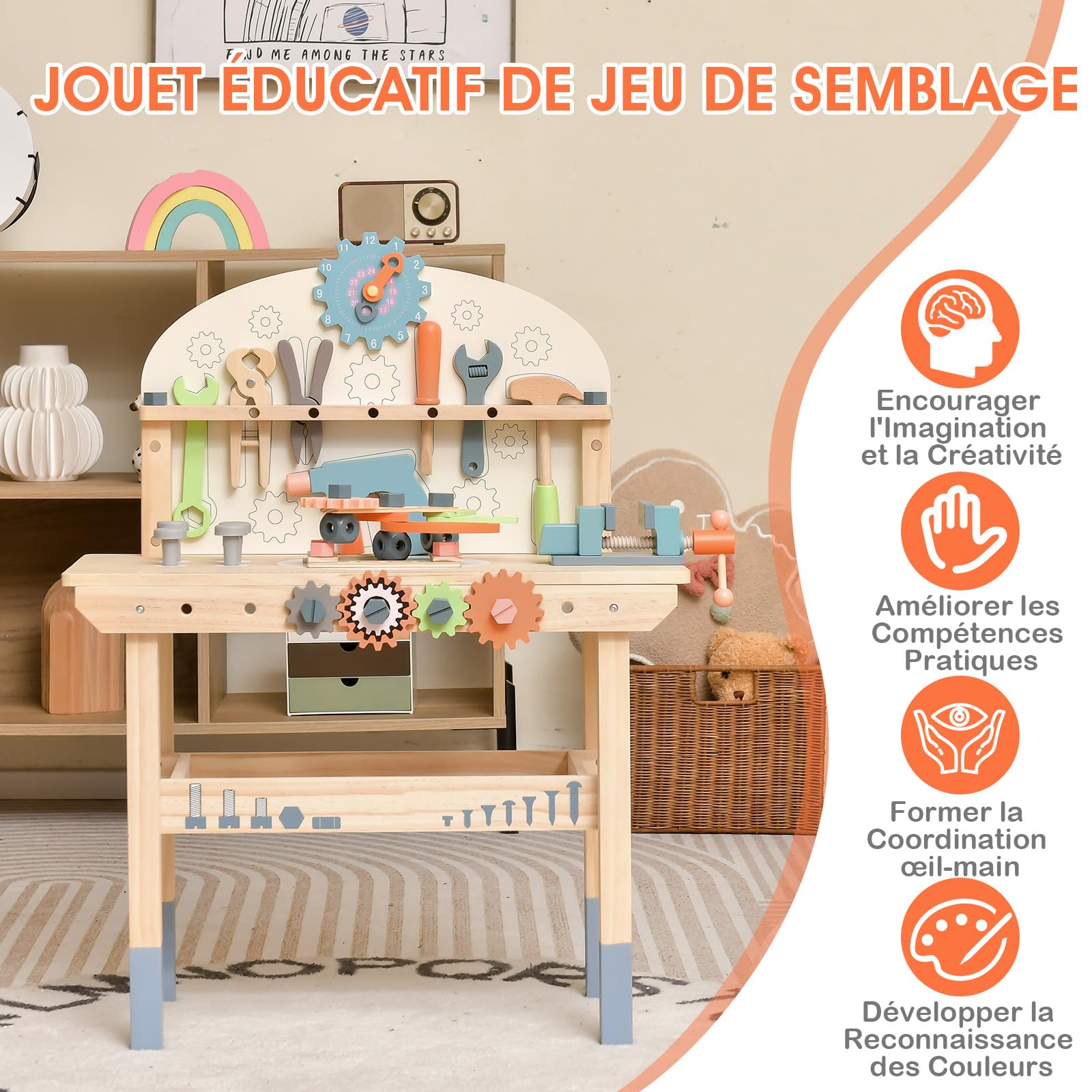 GOPLUS - Juguete de banco para niños, juego de imitación con 53 piezas, accesorios multicolor, banco de madera con estante de almacenamiento, juguete educativo para niños y niñas de 3 años