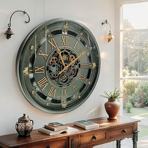 Miniatura 2 de ImprovingLife The Gears Clock - Reloj de pared de 26 pulgadas con engranajes móviles reales línea Bélgica con cubierta de cristal (verde, 26