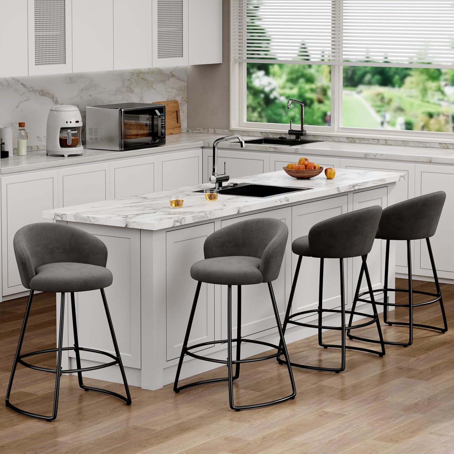 Velvet Bar Stools Set of 2, 30" Upholstered Barstools Modern Bar Stools with Back, Bar Height Bar Chairs with Metal Legs, Footrest, Ivory