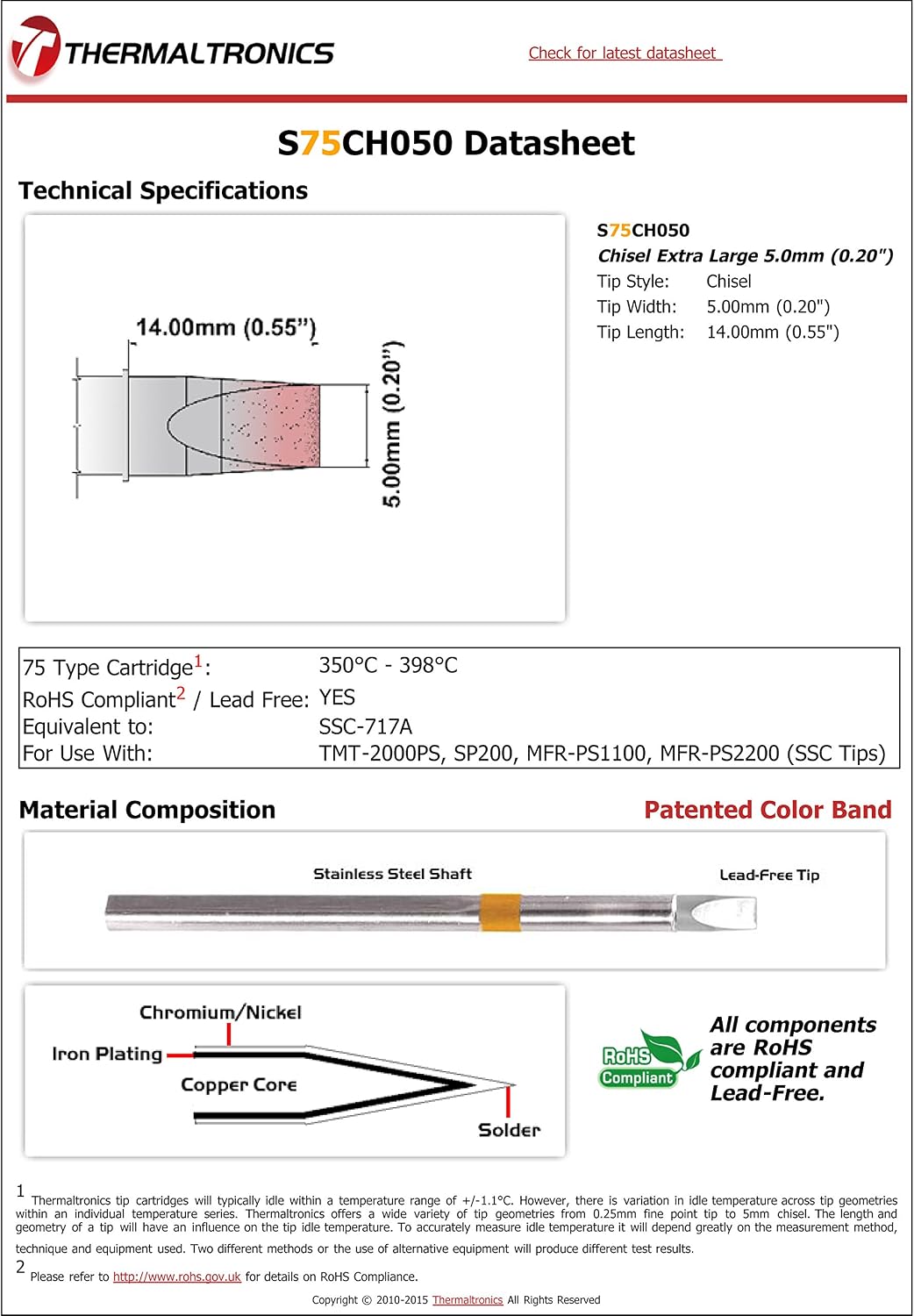 S75CH050 Chisel Extra Large 5.0mm (0.20in) interchangeable for Metcal SSC-717A