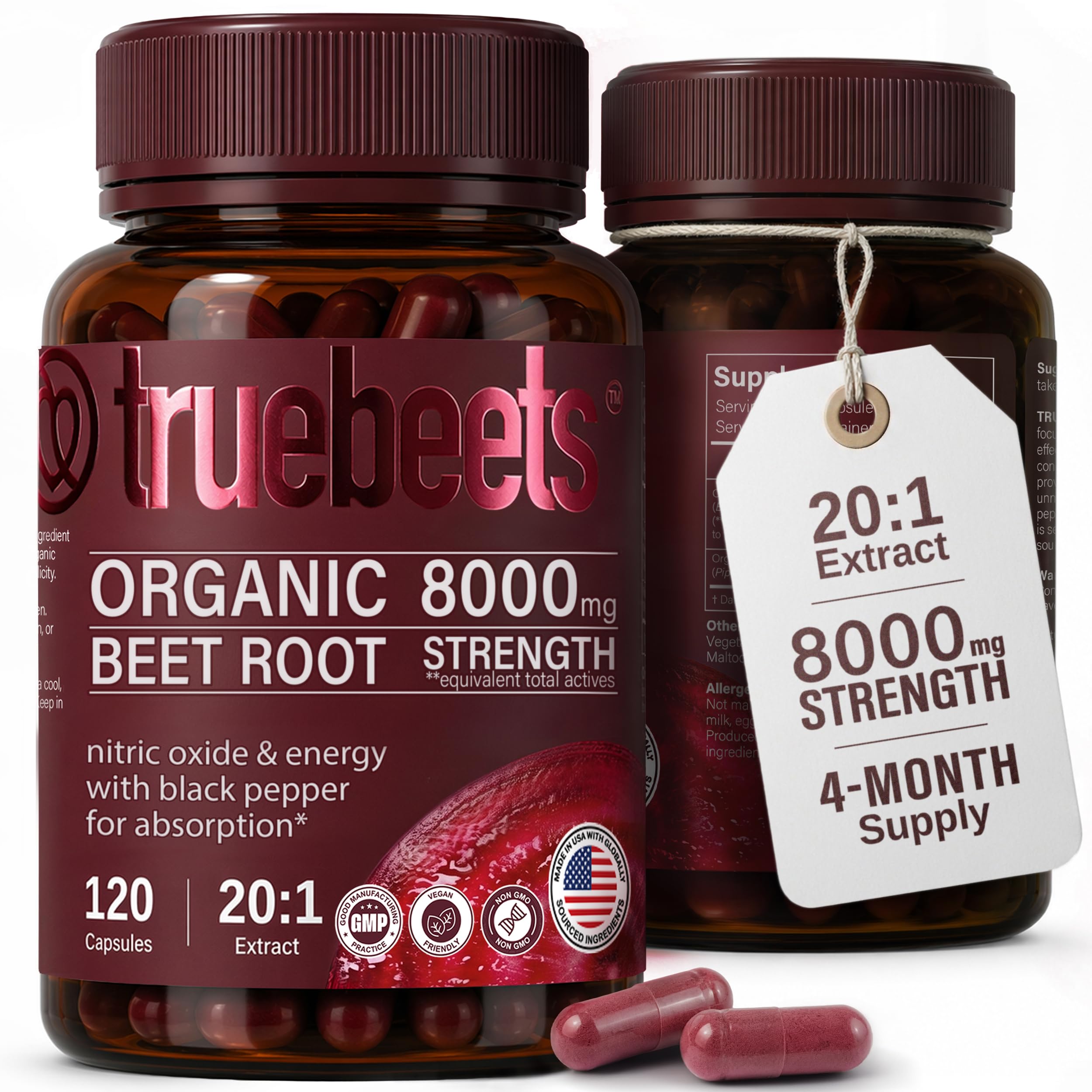 TRUE BEETS — Cápsulas de extrato orgânico de raiz de beterraba 20:1, 120 cápsulas