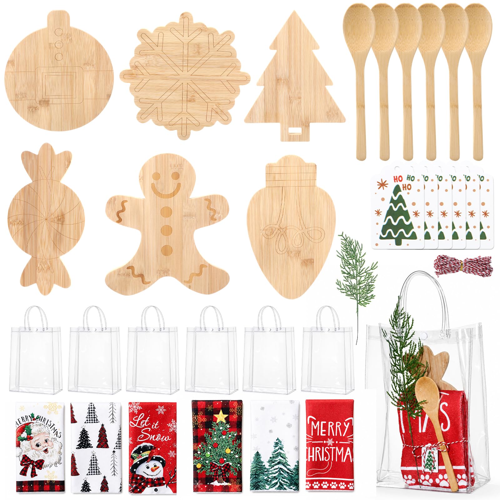 6 Set Christmas Kitchen Gift Set Xmas Bamboo Cutting Board, Holiday