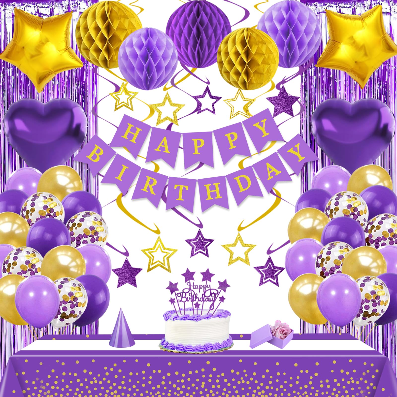 Purple Gold Birthday Party Decorations Supplies Happy Birthday Banner Honeycomb Balls Fringe Curtain Foil Balloons Hanging Swirls Cake Topper