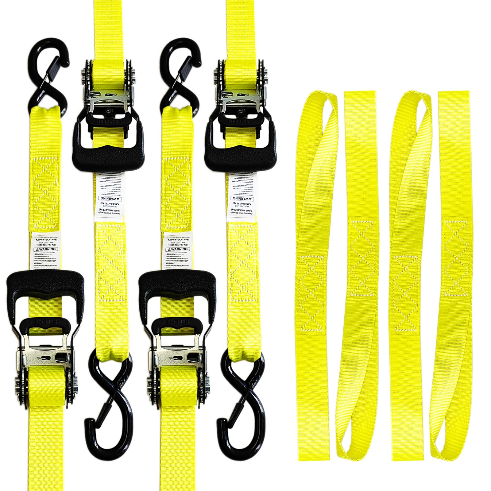 Ratschengurt-Set, 3,8 cm x 4,8 m, 2 kg Bruchfestigkeit, robuste Spanngurte mit Sicherheits-Haken und weichen Schlaufen zur Ladungssicherung, Spanngurte in LKWs, Anhängern, ATV, UTV, Motorrad