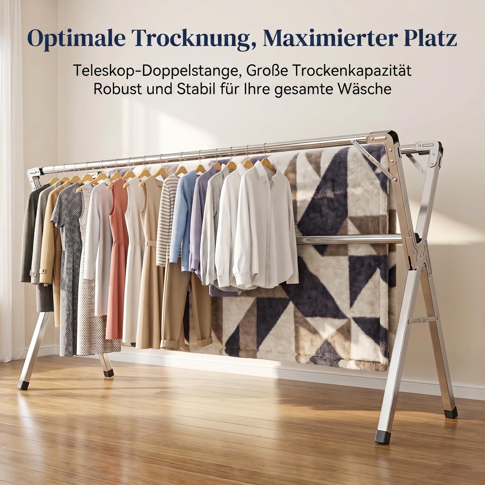 Wäscheständer, faltbar, Edelstahl, Typ Tancarville, Wäscheständer für drinnen und draußen, verstellbarer Wäscheständer 140 – 240 cm, 60 kg pro Stange, mit 40 Haken, winddicht