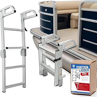 4-Step Marine Grade Aluminum Pontoon Boat Folding Ladder removable, w/ Quick Release Clips for