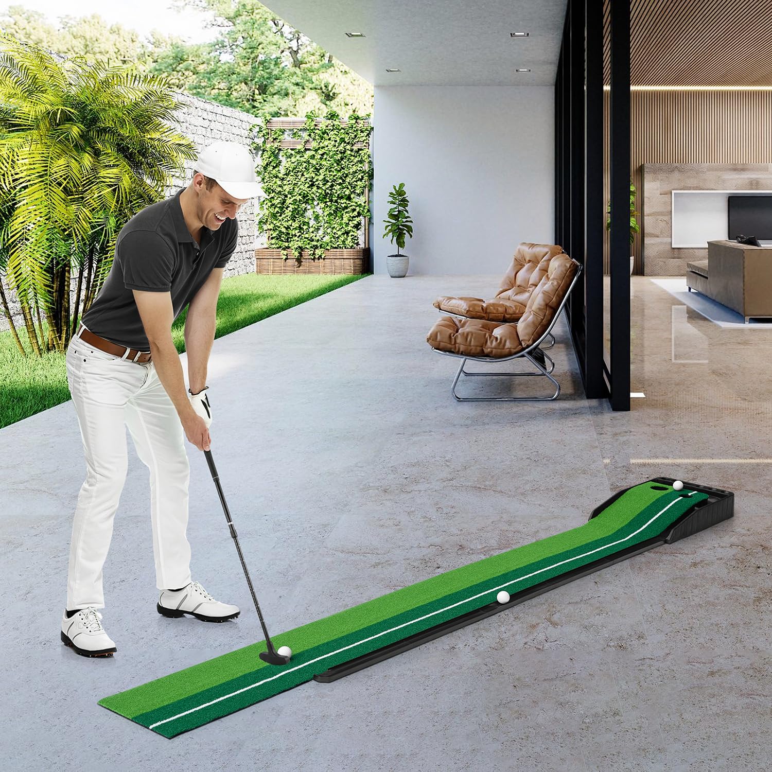 yabymy Golfmatte Puttingmatte, Golf Auto Rückkehr Puttingmatte, Golf Putter und 3 Golf Bälle Golf Übungsmatte, 300cm Indoor Outdoor Putting Trainer Matte Golfübungsgeräte für zu Hause Büro Gym