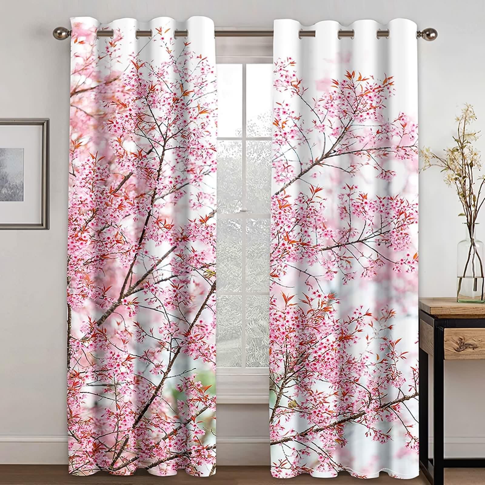 Rideaux Fenetre Chambre, Rideau Anniversaire Rose Marron Polyester Branches et Fleurs Roses 96L x 229H CM Lot de 2