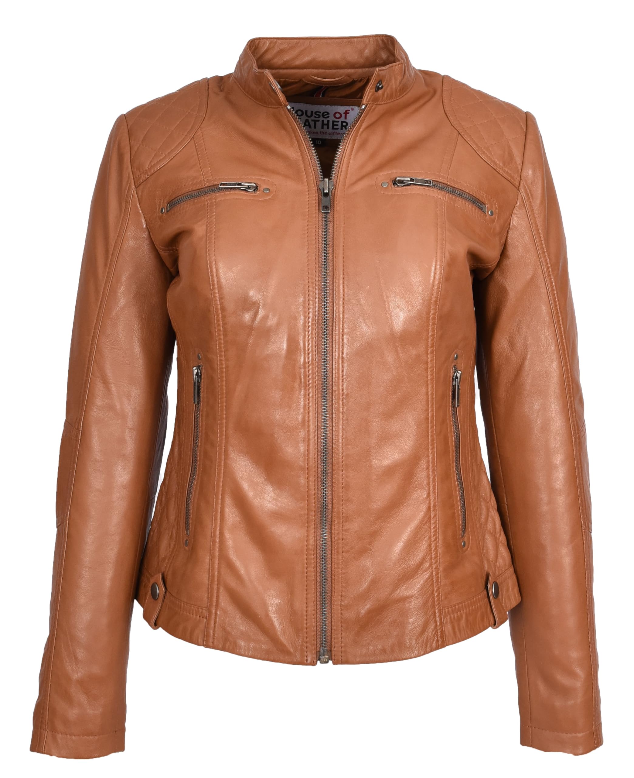 Womens soft Leather Biker Jackets Fitted Quilted Casual Cafe Racer Style Zip Fasten Fiona (UK, Numeric, 18, Regular, Regular, Tan)
