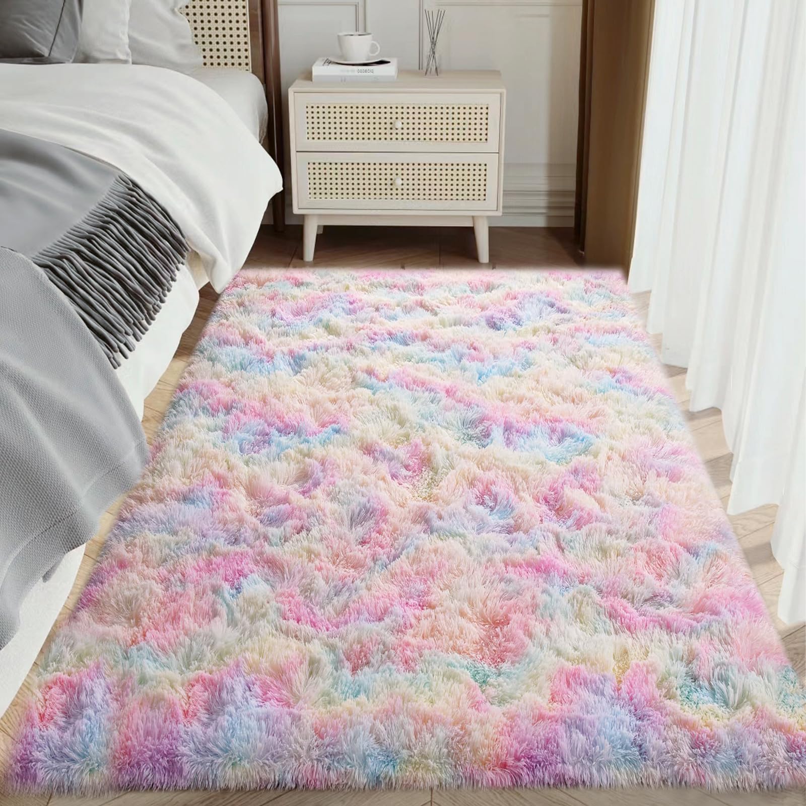 Tappeto per camera da letto, 160 x 200 cm, soffice tappeto shag per comodino, soggiorno, cameretta dei bambini, cameretta dei bambini, arcobaleno