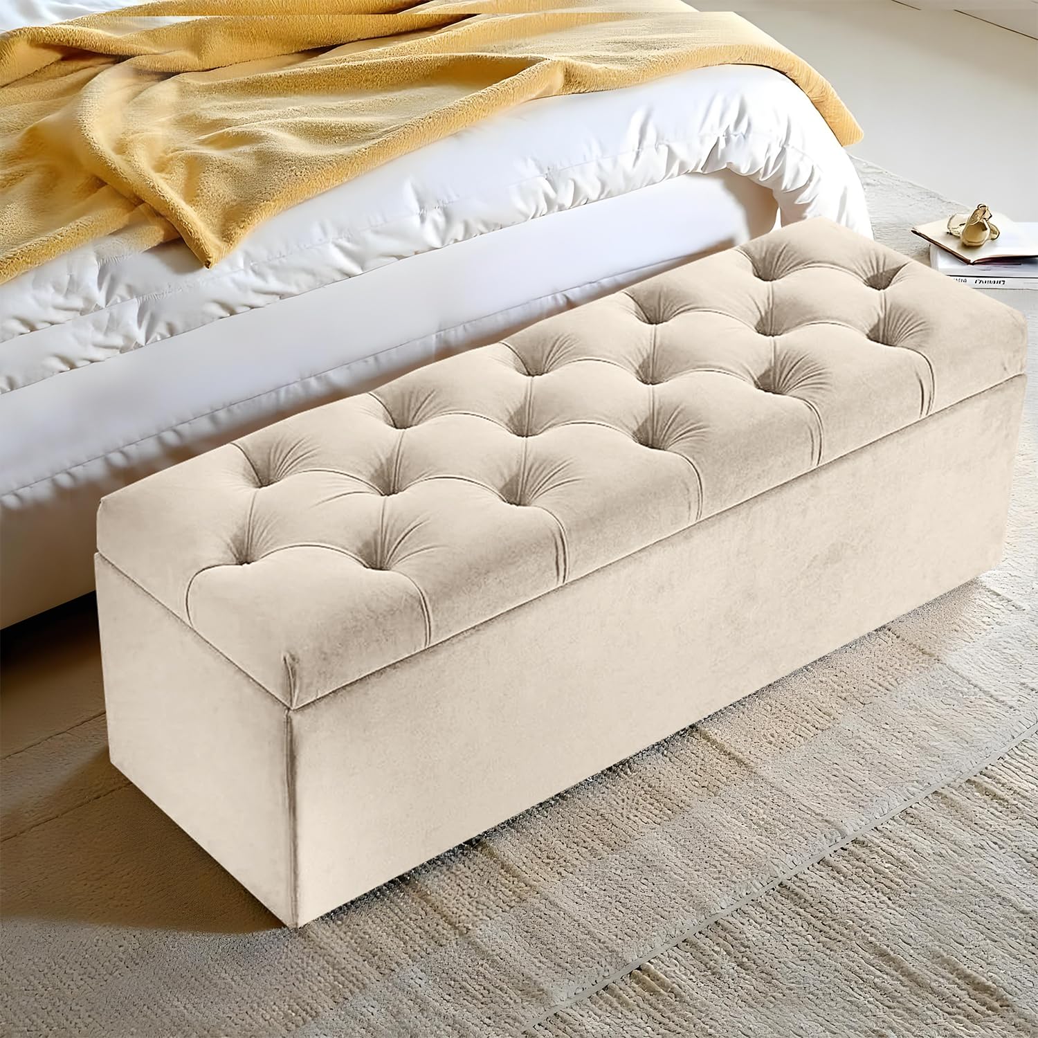 Harveys 116L Velvet Chesterfield Ottoman, Diamond Buttoned, Cream