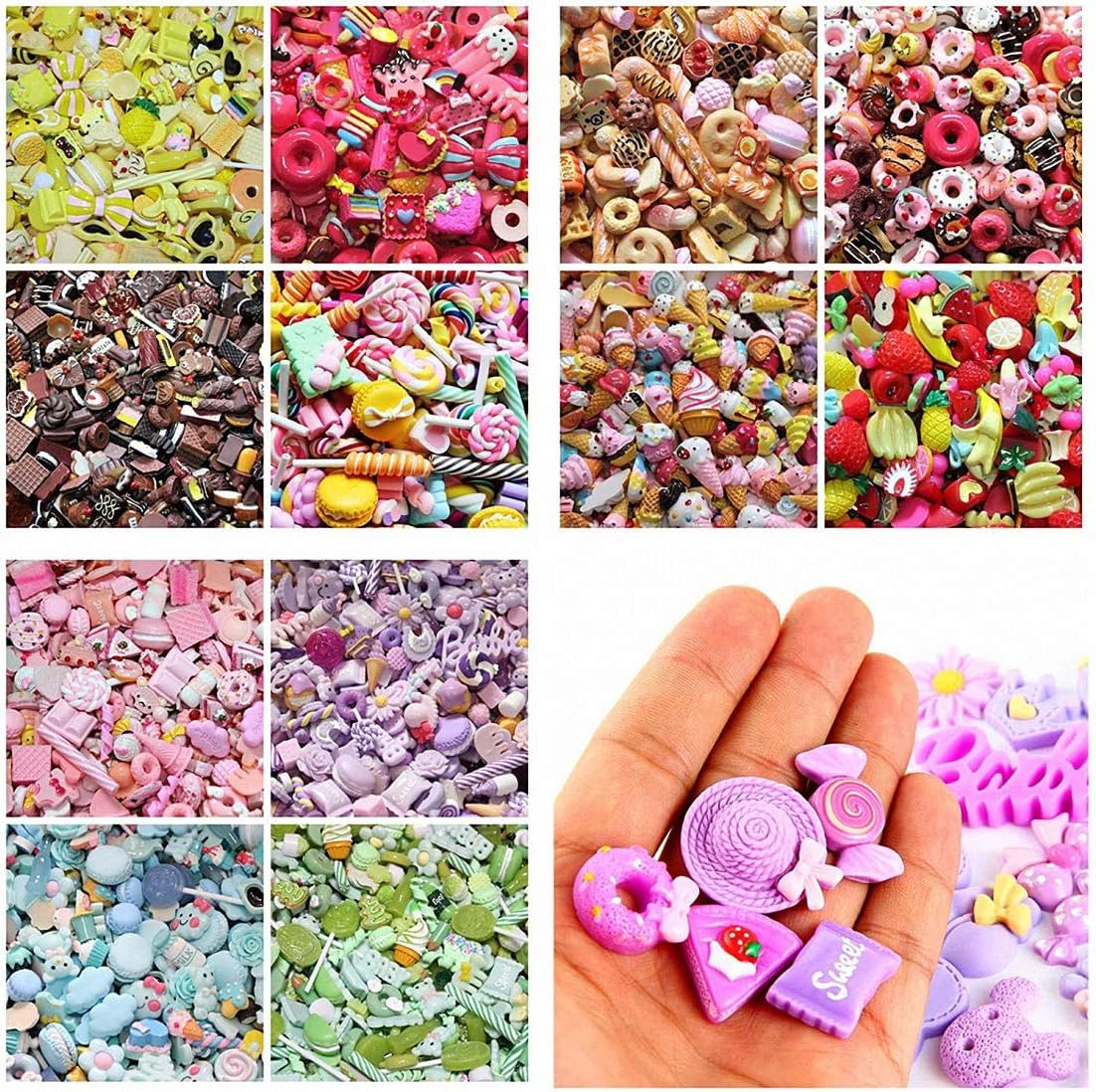 50pcs Cute Slime Charms Mixed Set Resin Flatback Making Supplies for DIY Craft Making and Ornament Scrapbooking Beads Assorted Candy Fruit Cake Ornament
