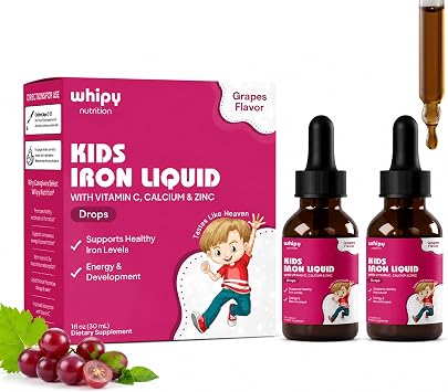 Kids Iron Supplement Liquid Drops for Children Ages 2 to 12, Iron Bisglycinate with Vitamin C, Calcium and Zinc, Liquid Iron for Kids Gentle on Stomach, Grape Flavor, 1fl oz
