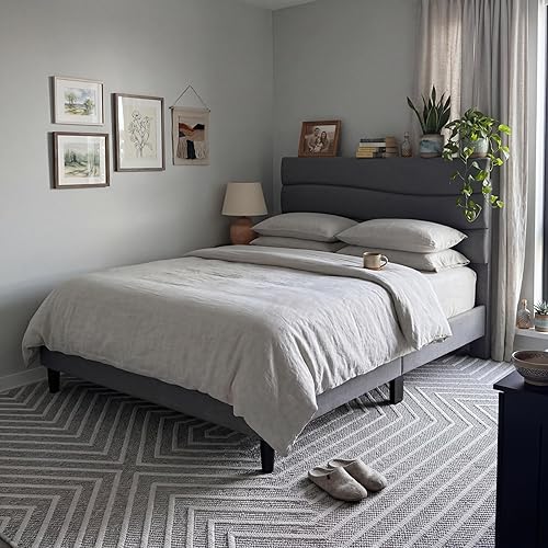 Vista 14 de EnHomee Base de cama tamaño King, base de cama King tapizada con estaciones de carga, cabecera de almacenamiento ajustable, dormitorio, apartamento