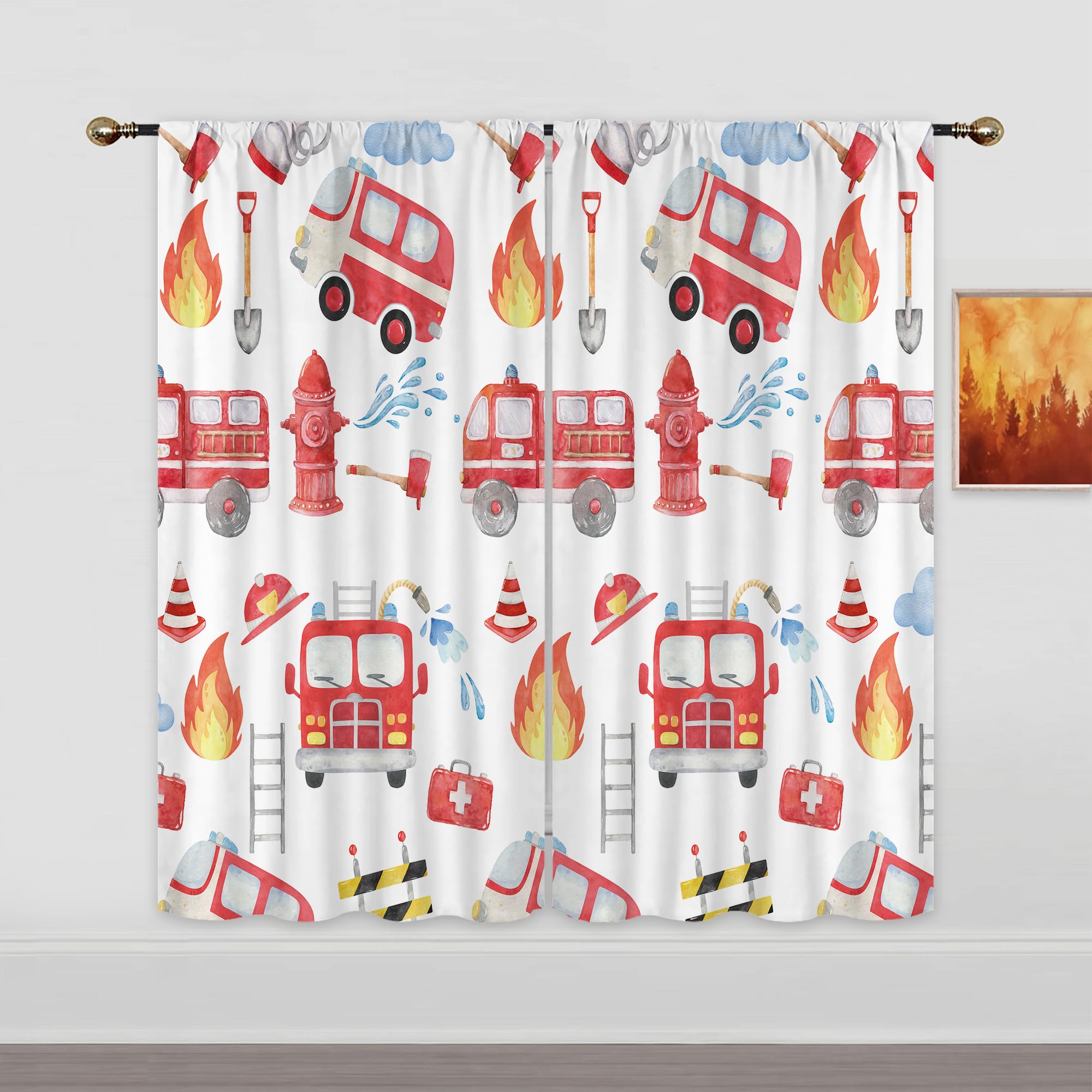 Mitpok Kid Curtains for Boys Bedroom Boy Cartoon Fire Fighting Car Ambulance Truck Construction Red Cool Toddler Nursery 42Wx63H Inch Rod Pocket 2 Panel Window Treatment Set for Living Room Decor