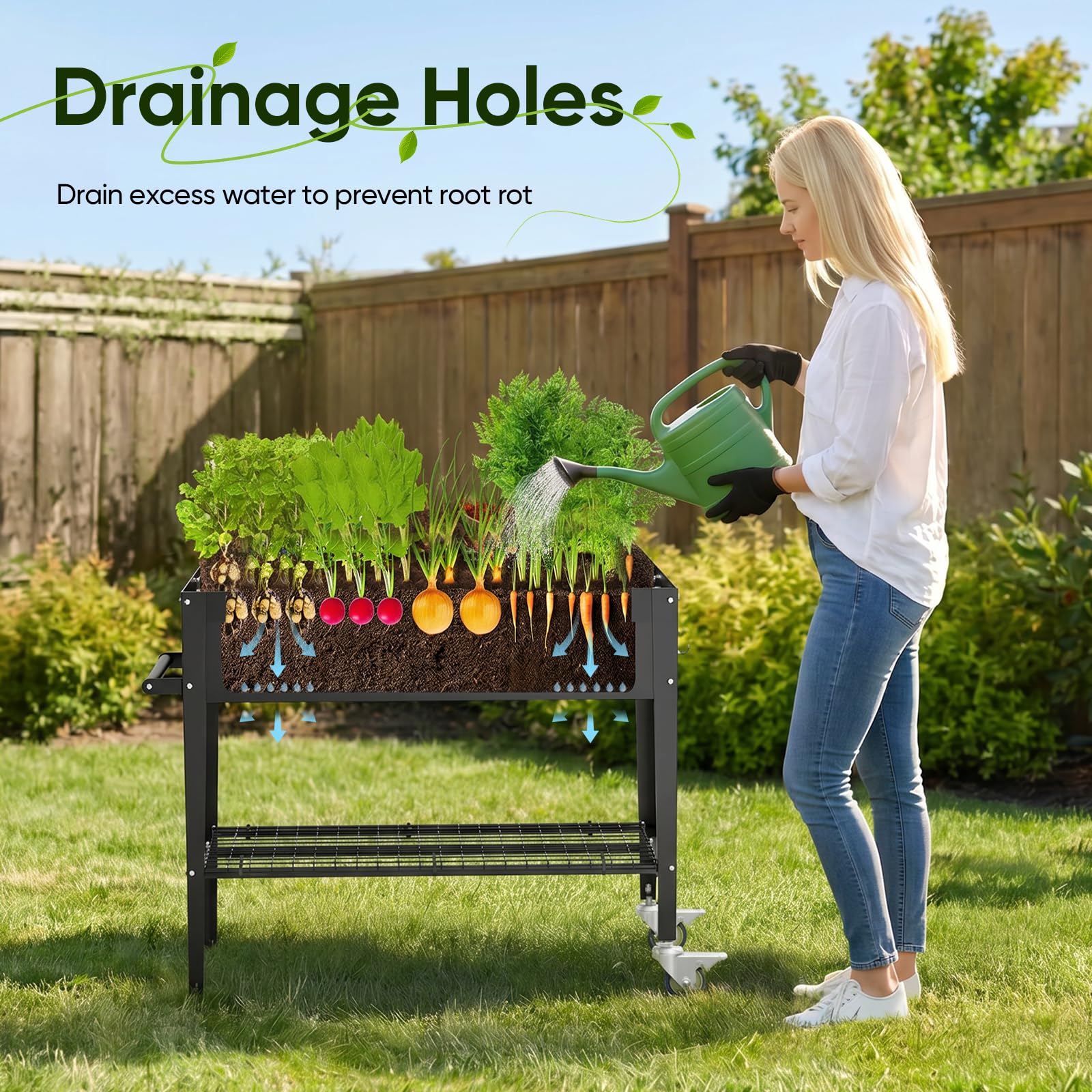 Aiuola rialzata in metallo con ruote e ripiano, 111 x 57 x 79 cm, fioriera da giardino con inserto, fori di drenaggio e attrezzi, aiuola per verdure, vaso per erbe aromatiche per il giardino del