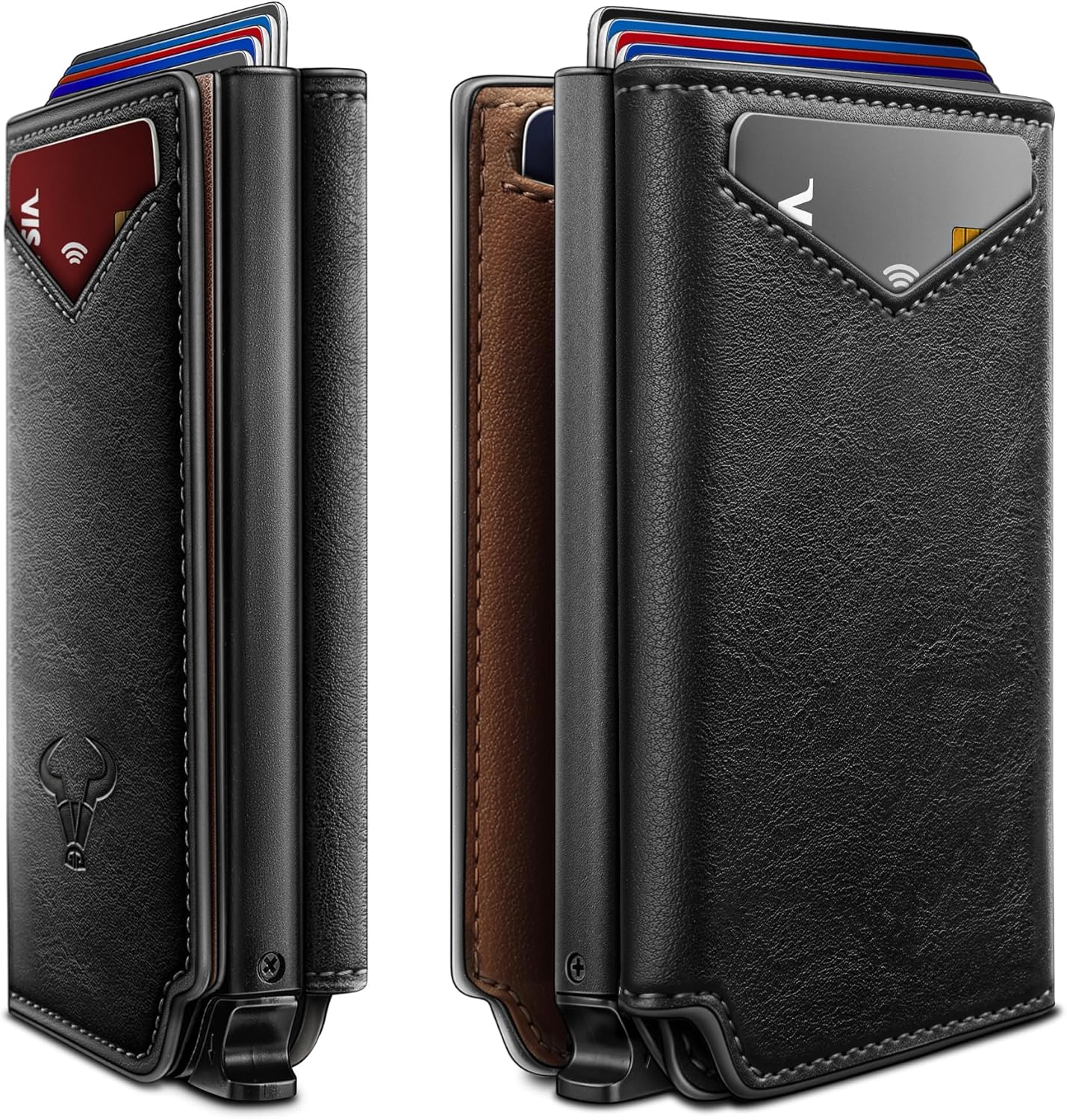 BULLIANT Men Wallet Leather Wallet Card Holders Money Clip for Men 10Cards-Magnetic Flip on Metal Case