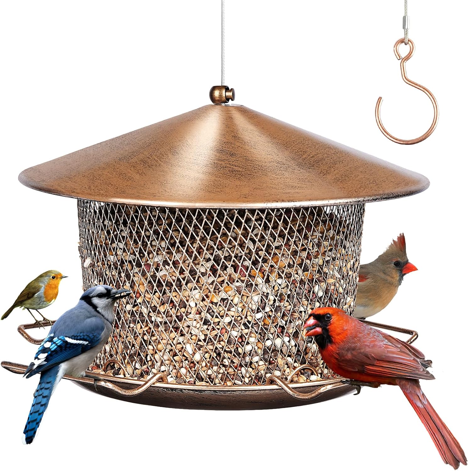 Bird Feeder for Outdoor, Weatherproof Rainproof All Metal Hanging Wild Bird Feeder with 9.8″ Roof, 4.5 LBs Seeds Capacity, Easy to Clean & Refill