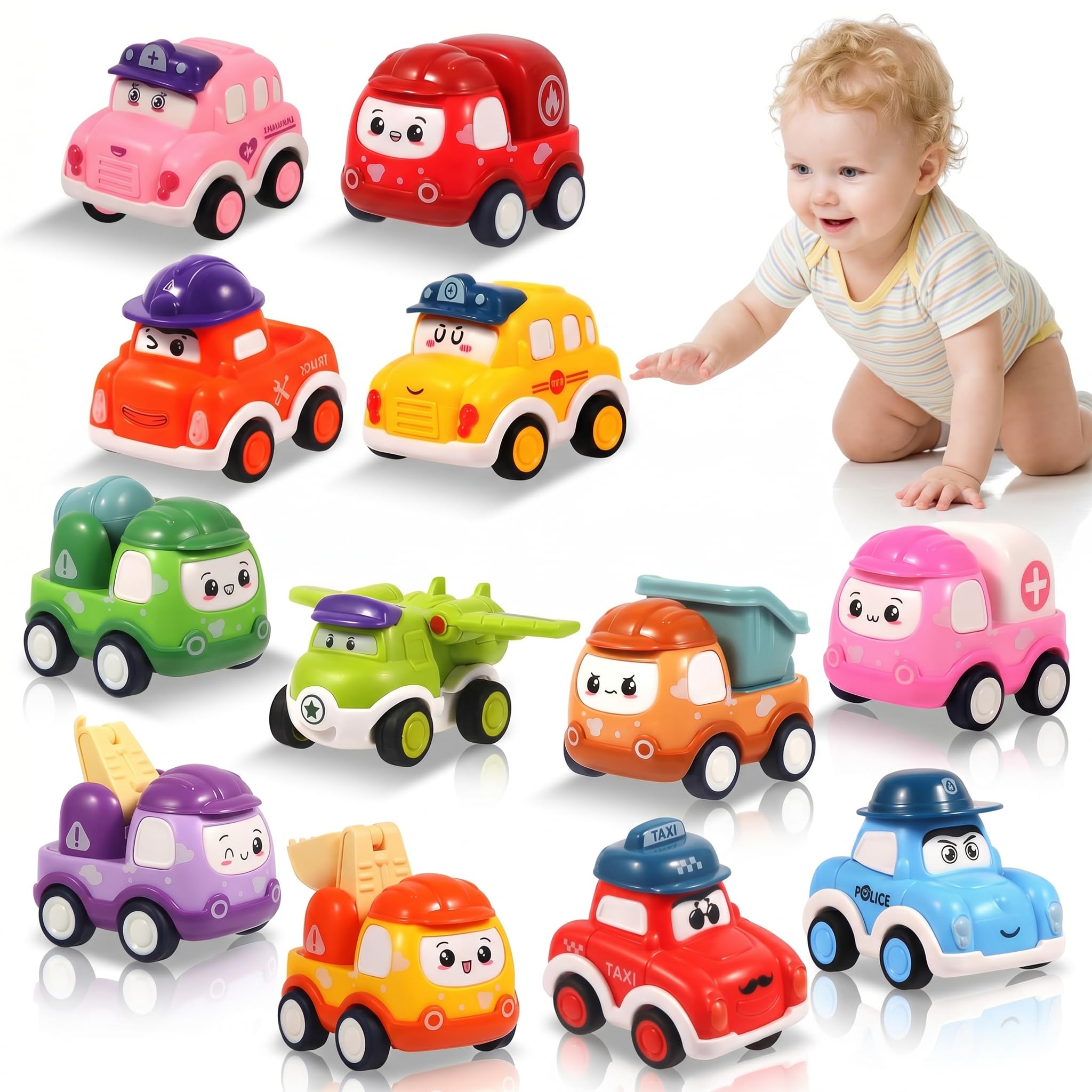 Toddler Toy Cars Set, 12 Pcs Pull Back Cars Set Toys for 1 2 3 Year Old Boys Girls, Construction Vehicle Racing Car Set, for Toddlers, Safe & Durable First Baby Car Toys