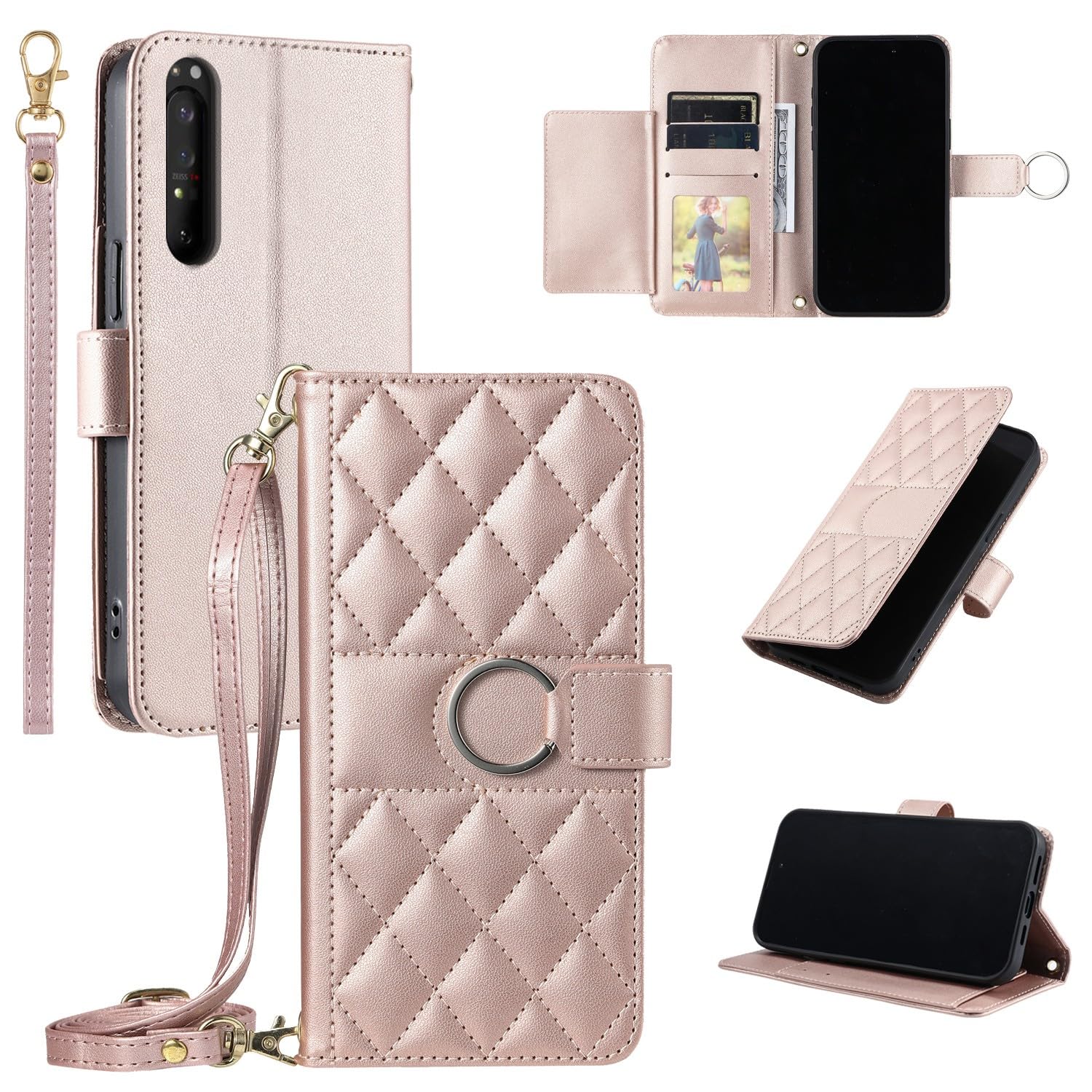 Funda genérica compatible con Sony Xperia 5 III (color: oro rosa) de piel con anillo magnético portafolios Flip Back Case