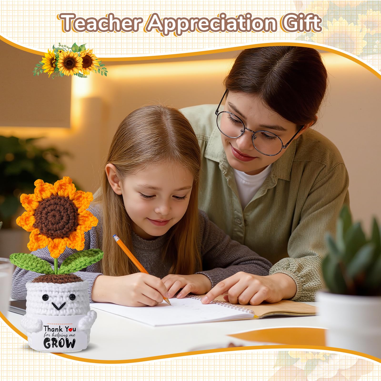 Handmade Crochet Sunflower Pot– Teacher Appreciation Gifts for Women with “Thank You for Helping Me Grow” Personalized Card, End of Year Thank You Teacher Gifts for Women, Desk Decor or Keepsake - 3