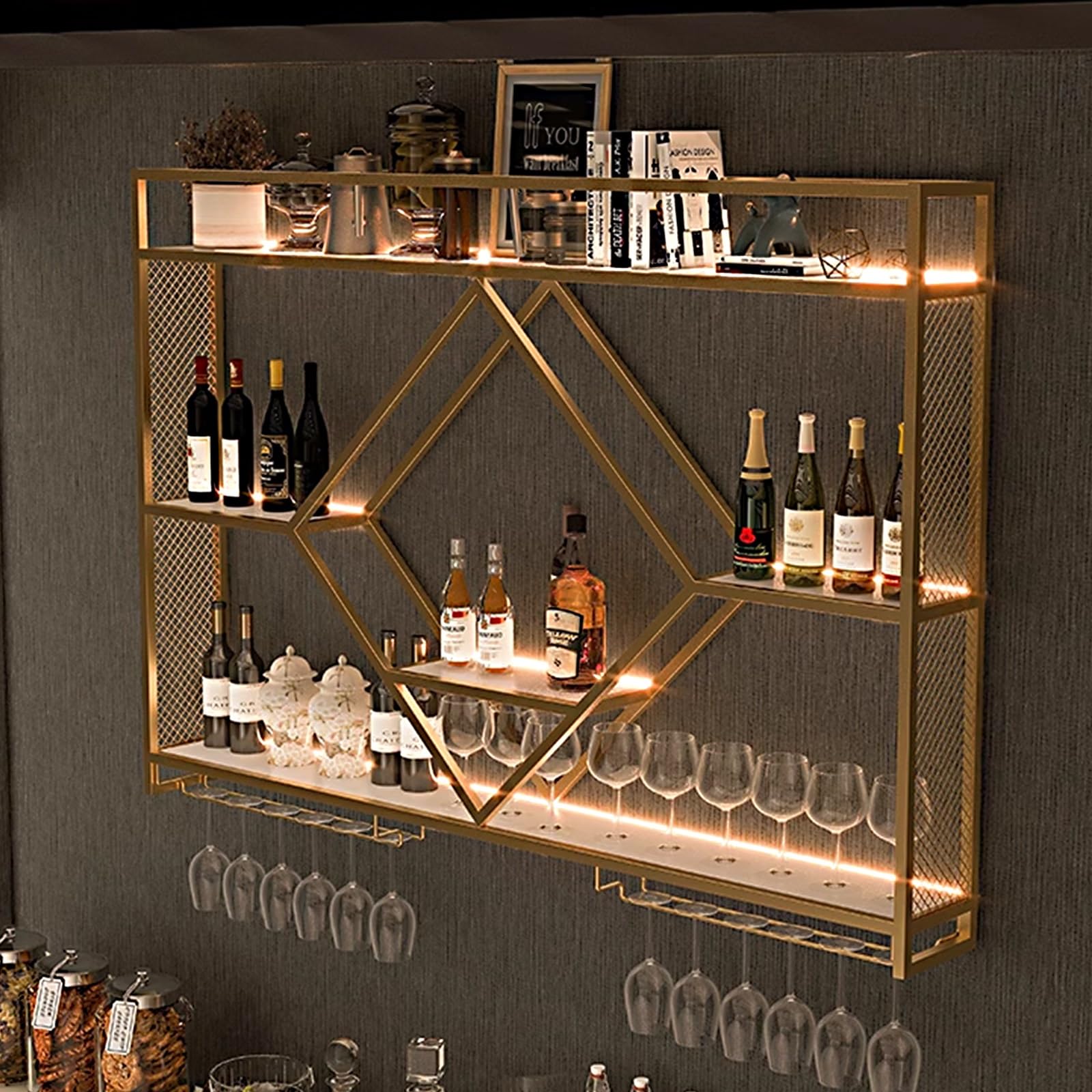 Wine Rack Wall Lujoso Botellero de Hierro Lacado en Forma de Diamante, Botellero de Pared para Vino con Luz LED y Portavasos para Cocina, Salón, Barr, Cafetería | Iron Lacquer Wine Rack, Industrial Bari Shelves for Home Barr, Kitchen, Dining Room(Gold,100