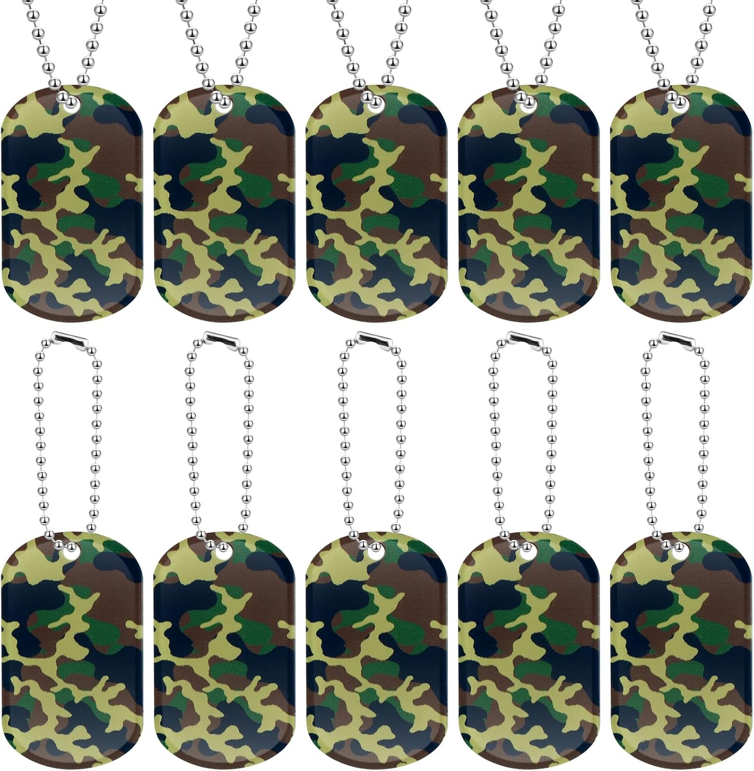 Yinkin 100 Pcs Military Dog Tags Army Camouflage Dog Tags Acrylic Military Camo Party Favors Supplies Include 50 Camo Necklaces with 50 Beaded Chains for Women Men Gifts(Dark Green)
