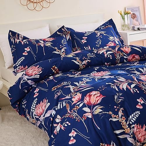 JSD Juego de funda de edredón floral azul marino, 3 piezas, funda de edredón de microfibra suave estampada con cierre de cremallera y lazos en las