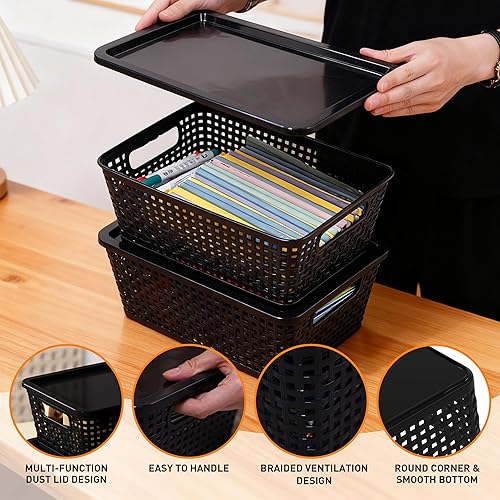 Miniatura 3 de Cestas de almacenamiento de plástico con tapa, contenedores de almacenamiento para organizar, contenedores decorativos apilables para estantes,