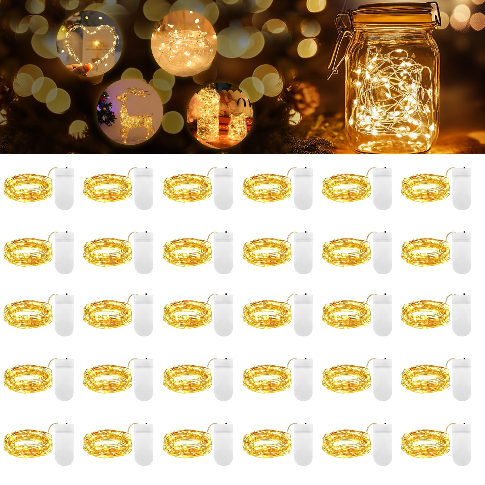 30 Piezas Cadena de Luces LED con Pilas 10 LED 1M Micro Alambre de Cobre Guirnaldas Luces Luces Decorativas Guirnalda Cadena de Luces para Decoración Interior Navidad Jardín Casas Boda Fiestas