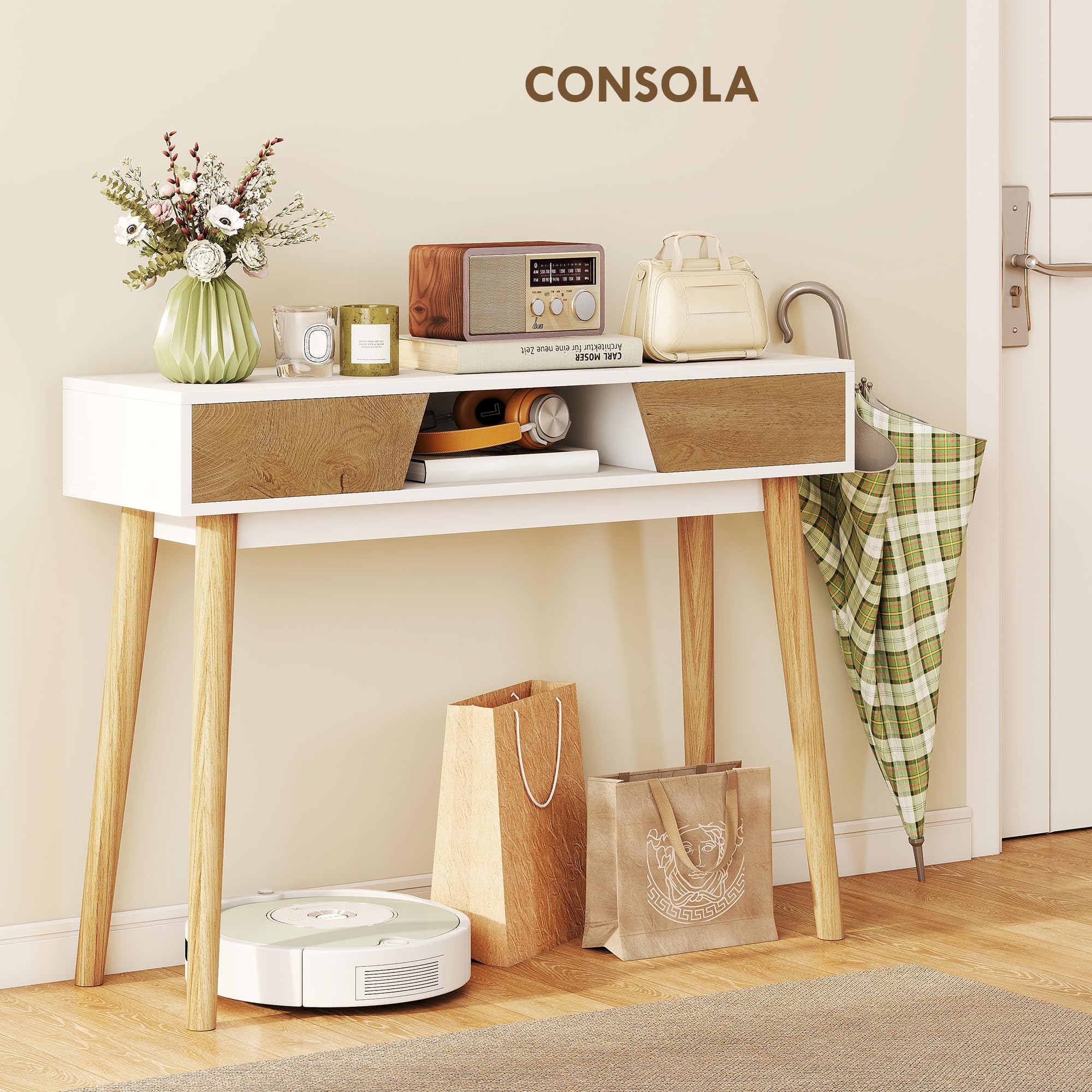 HOMCOM Tavolo da consolle stretto per corridoio e ingresso tavolo da divano moderno con 2 cassetti, scomparto e gambe in legno, per corridoio, ingresso soggiorno, camera da letto, bianco