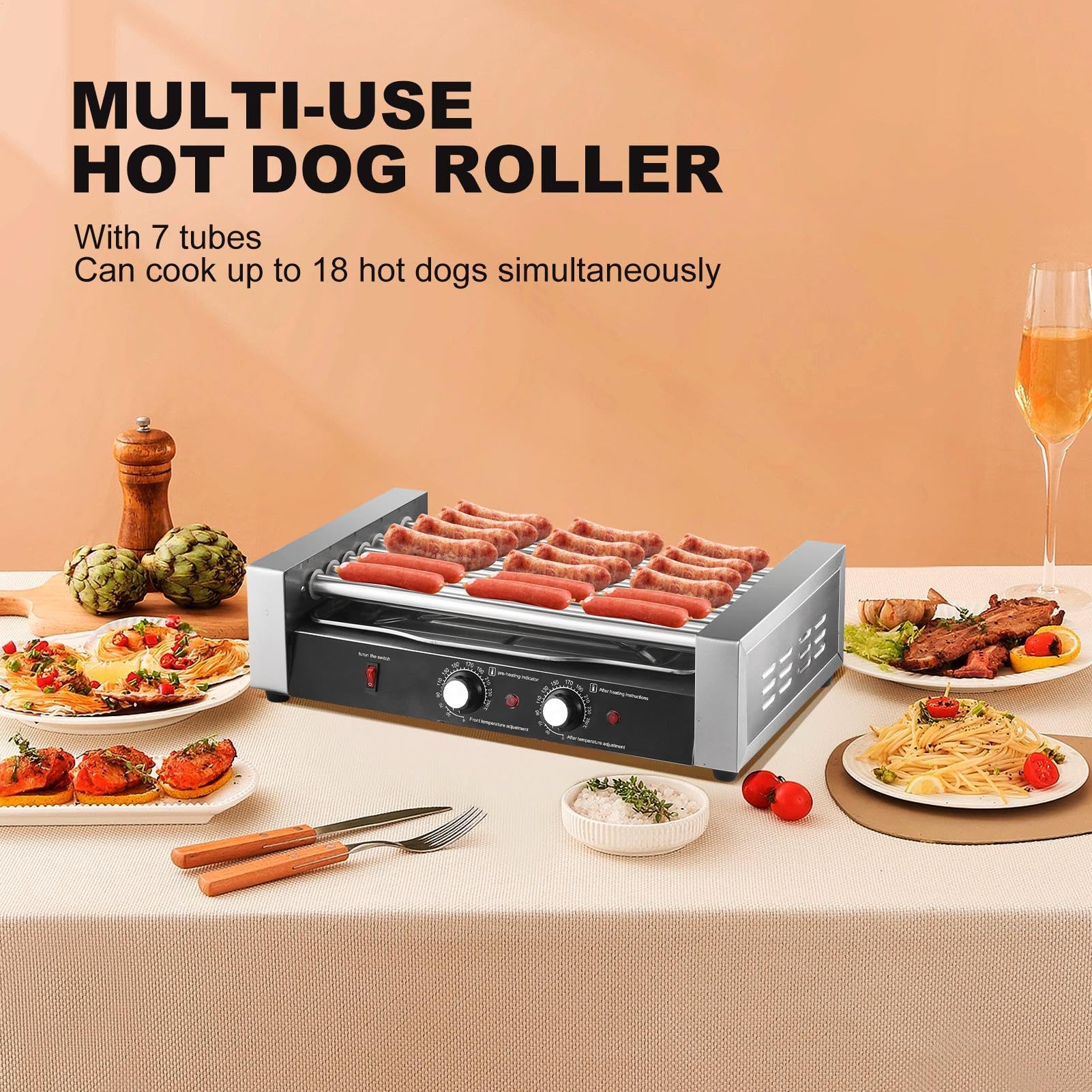 Commercial Hot Dog Roller,17 Hot Dog Capacity 7 Rollers,1200W Stainless Steel Cook Warmer Machine With Pair Temp Control 360 Degree Rotation,Home Tabletop Grilled Ham Sausage Machine