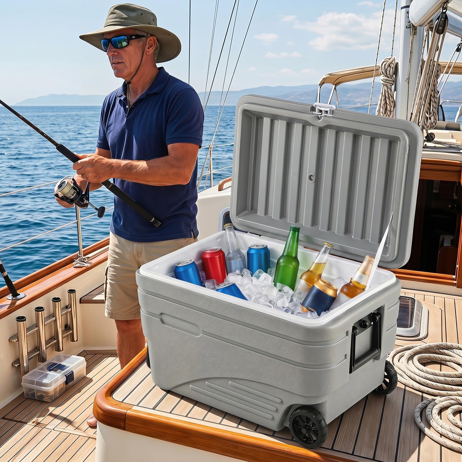 COSTWAY Nevera Portátil Rígida, Nevera Térmica de Gran Capacidad con Ruedas, Mango Plegable, 2 Asas Laterales, Hielera de Alto Rendimiento 5-7 Días para Camping Pesca Playa