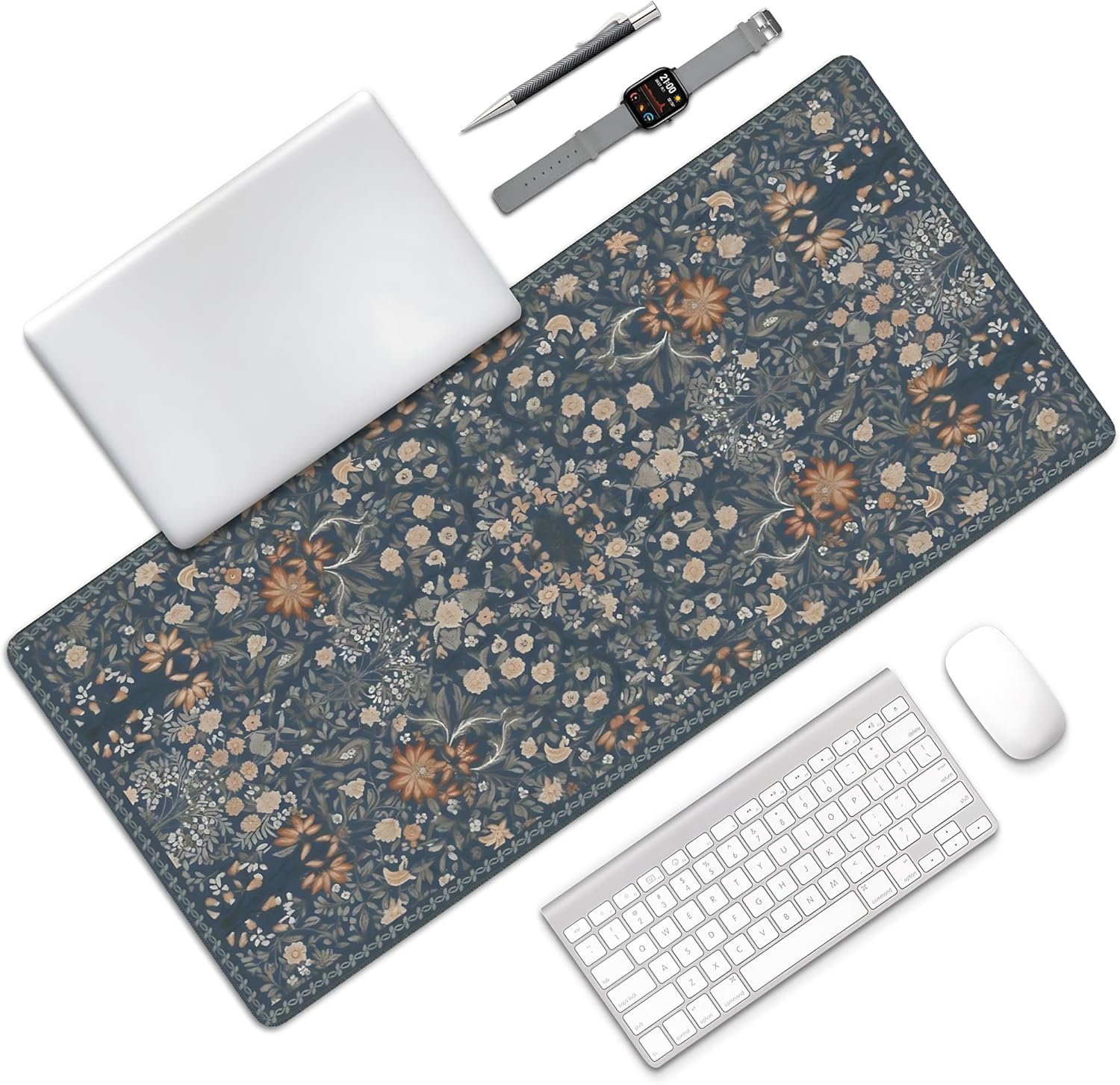 Floral Aesthetic Wildflower Gaming Mouse Pad, Blue Pink Rug Desk Mat with Anti-Slip Base & Stitched Edges, Office & Home Desk Decor for Women, 35.4" x 15.7" in Computer Desktop Mat