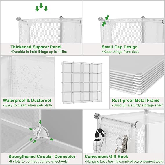 C&AHOME Cube Storage Organizer, 16-Cube Shelves Units, Plastic Storage Cubes, DIY Closet Organizer, Modular Closet Storage Shelf Ideal for Home, 48.4 L 12.4 W 48.4 H Transparent Twill UPCS16T