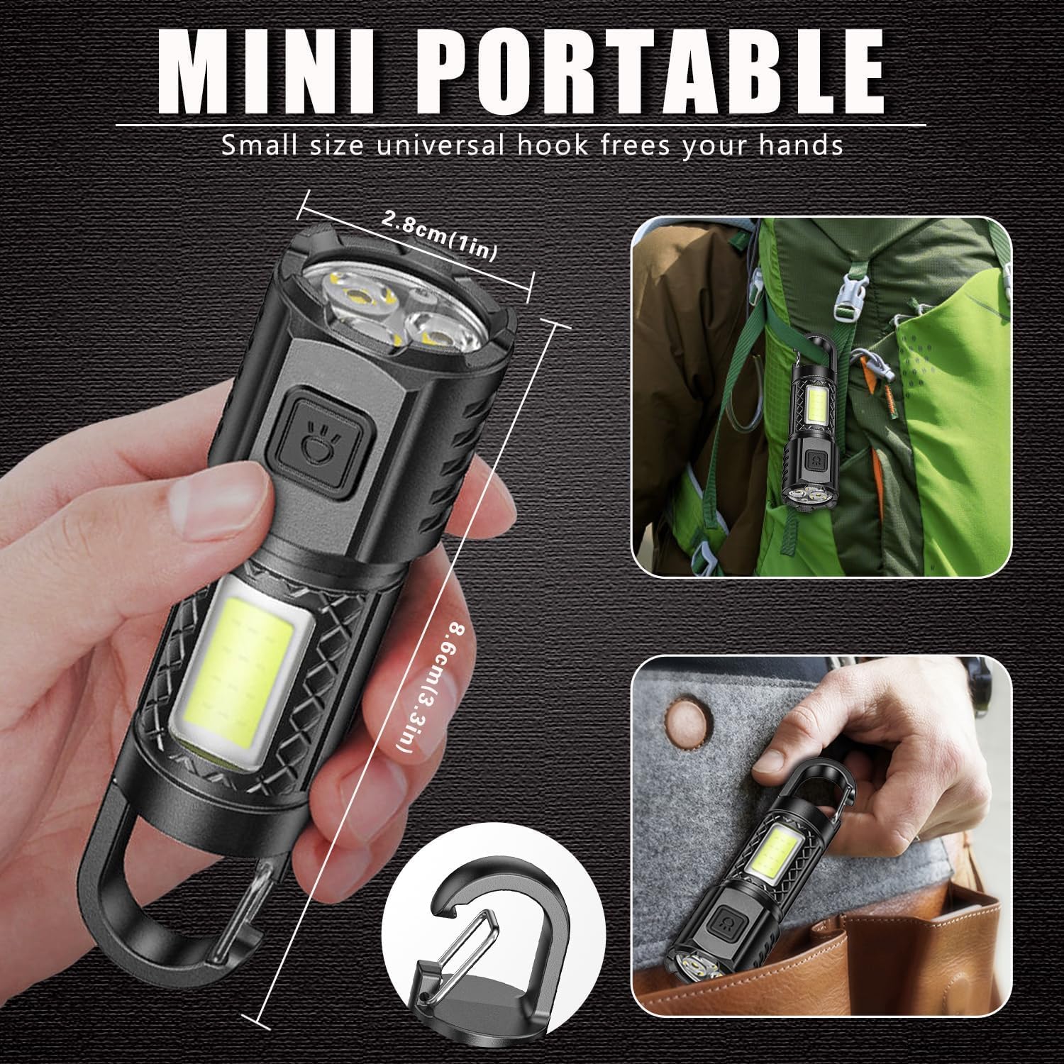 Pocketman Mini High Lumens Flashlights 3 Brightness Light Modes LED Work Lights with Hanging Hook Portable COB Torch for Camping, Hiking, Outdoor, Emergency Indoor and Outdoor (1)