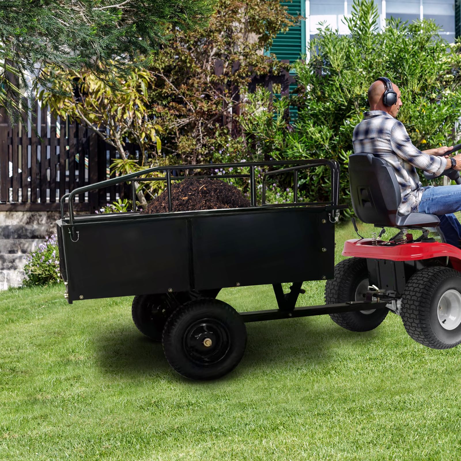Garvee Remolque Utilidad Robusta 900 LB - Volquete basculante de acero con derrame manual y pedal - Ruedas todoterreno, doble rodamiento, ideal para tractor cortacésped, Quad, granja, madera