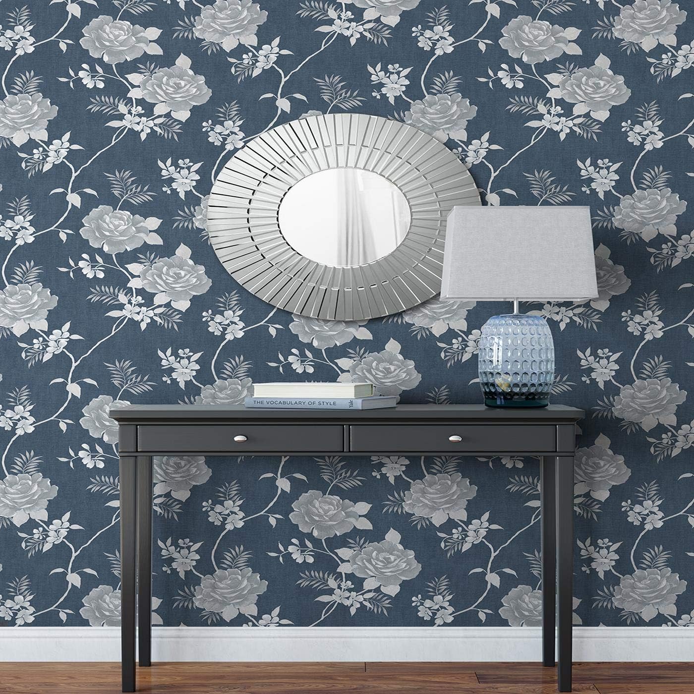 YöL Rosalind Wallpaper Darcy James Floral Metallic Blue Home Decoration
